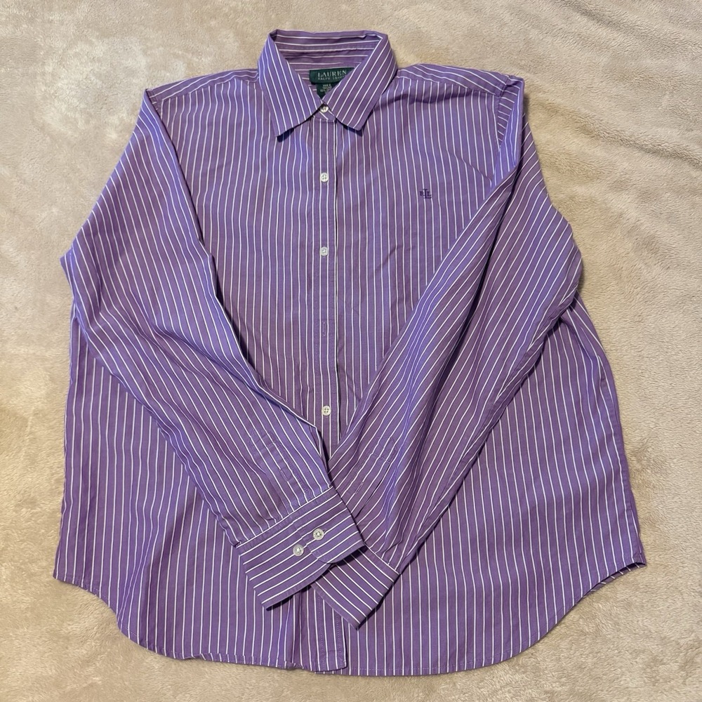 Women's Plus Size 16 Ralph Lauren Purple And White Striped Dress Shirt